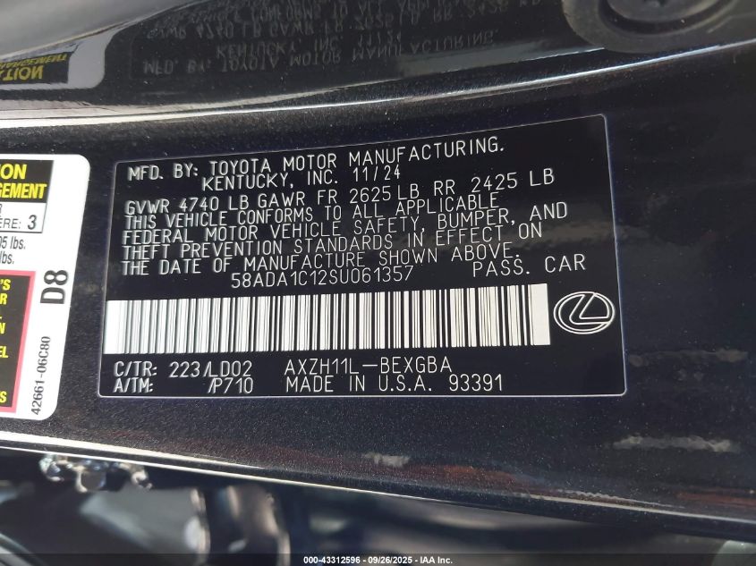 2025 Lexus Es 300H VIN: 58ADA1C12SU061357 Lot: 43312596