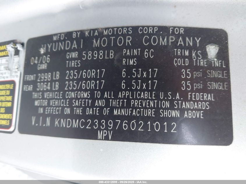 2006 Hyundai Entourage VIN: KNDMC233967602101 Lot: 43312599