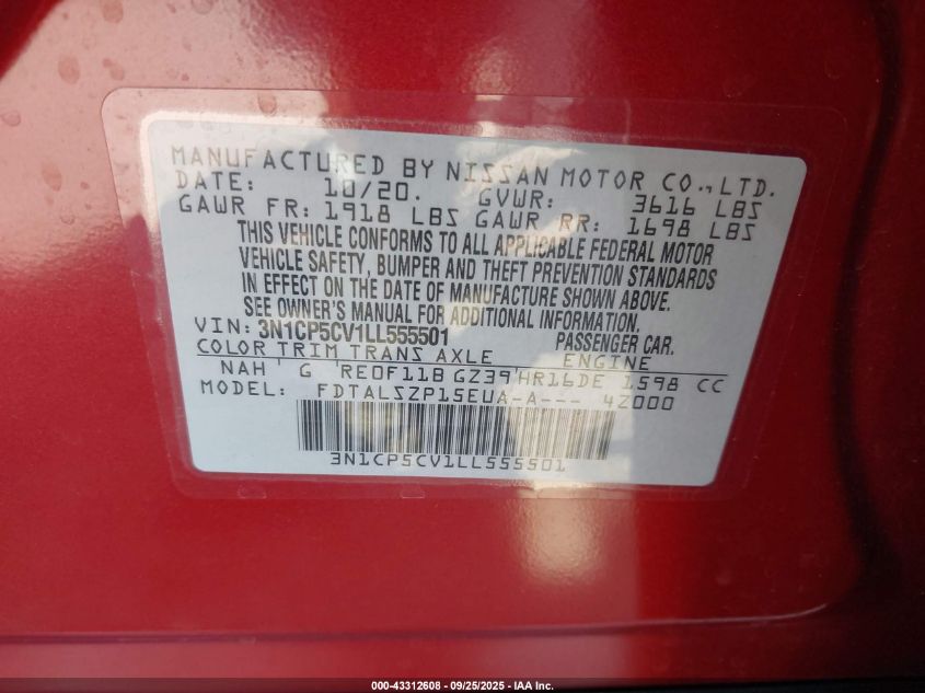 2020 Nissan Kicks Sv Xtronic Cvt VIN: 3N1CP5CV1LL555501 Lot: 43312608