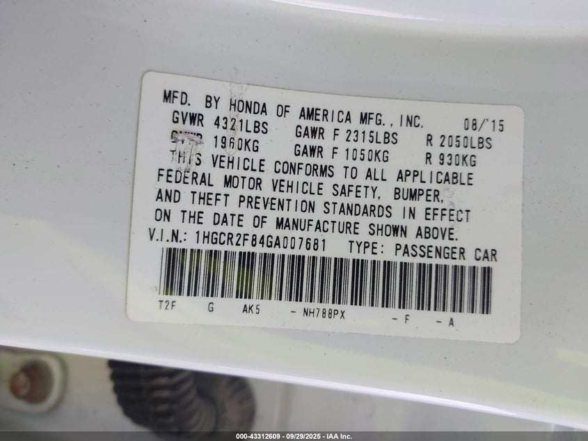 2016 Honda Accord Ex-L VIN: 1HGCR2F84GA007681 Lot: 43312609