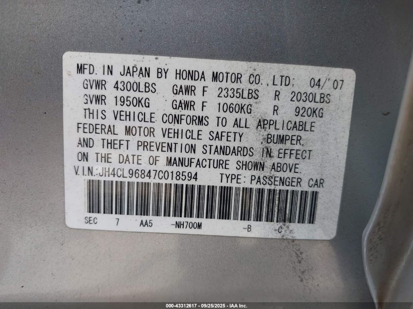 2007 Acura Tsx VIN: JH4CL96847C018594 Lot: 43312617