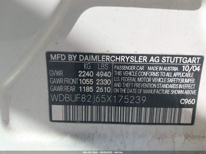 2005 Mercedes-Benz E 320 4Matic VIN: WDBUF82J65X175239 Lot: 43312641