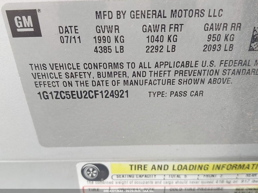 2012 Chevrolet Malibu 1Lt VIN: 1G1ZC5EU2CF124921 Lot: 43312648