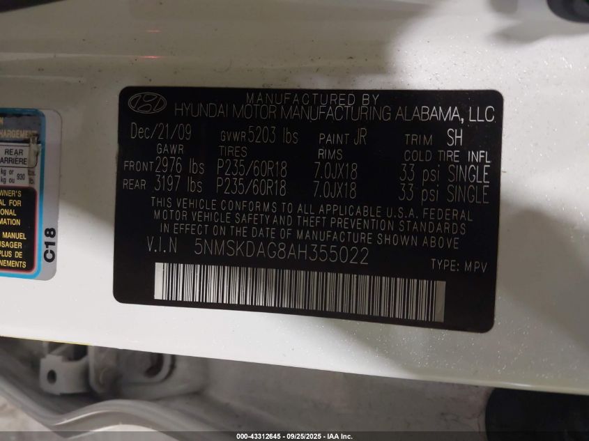 2010 Hyundai Santa Fe Limited V6 VIN: 5NMSKDAG8AH355022 Lot: 43312645