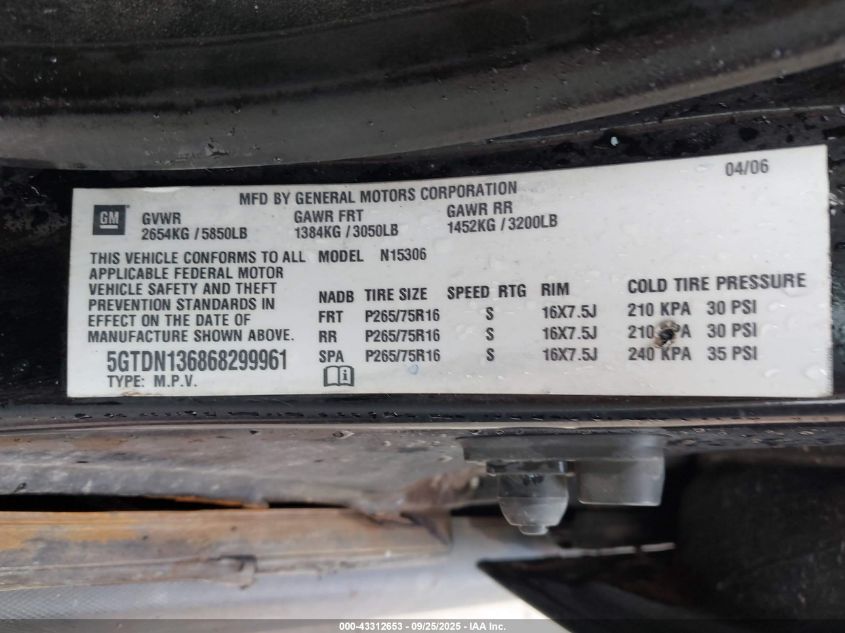 2006 Hummer H3 Suv VIN: 5GTDN136868299961 Lot: 43312653