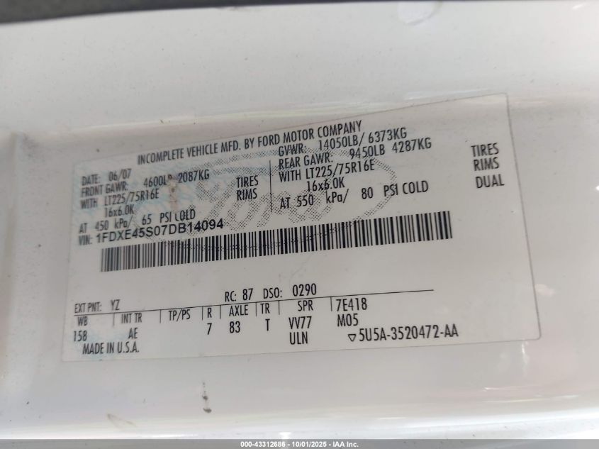 2007 Ford E-450 Cutaway VIN: 1FDXE45S07DB14094 Lot: 43312686