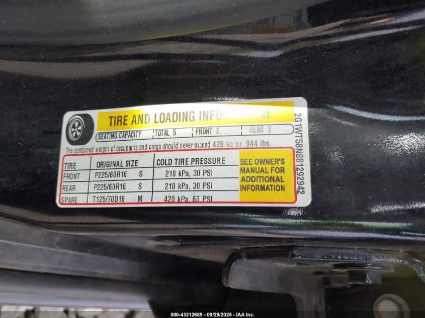 2008 Chevrolet Impala Lt VIN: 2G1WT58N881292942 Lot: 43312689