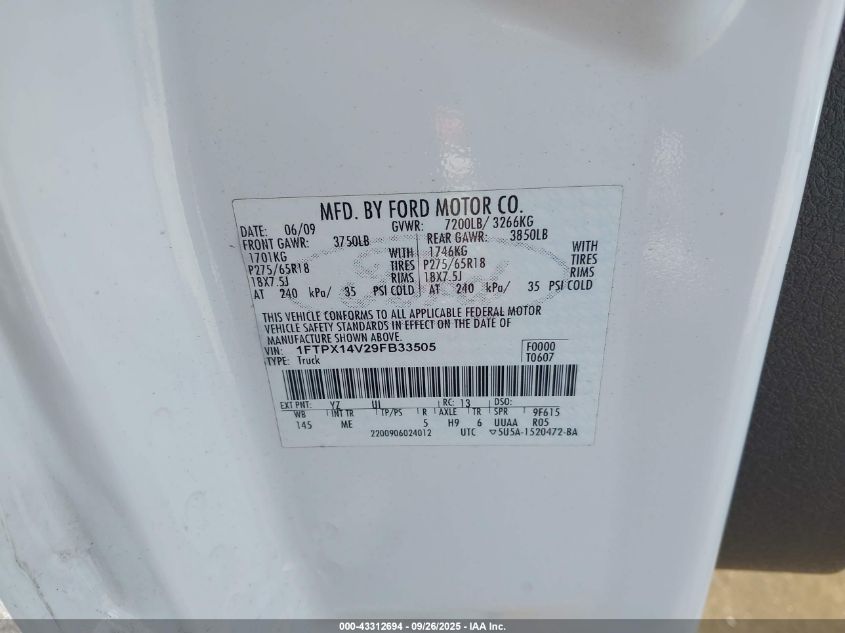 2009 Ford F-150 Fx4/Lariat/Xl/Xlt VIN: 1FTPX14V29FB33505 Lot: 43312694
