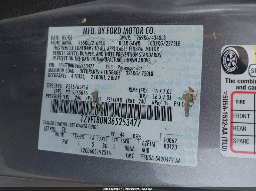 2006 Ford Mustang V6 VIN: 1ZVFT80N365253477 Lot: 43312697