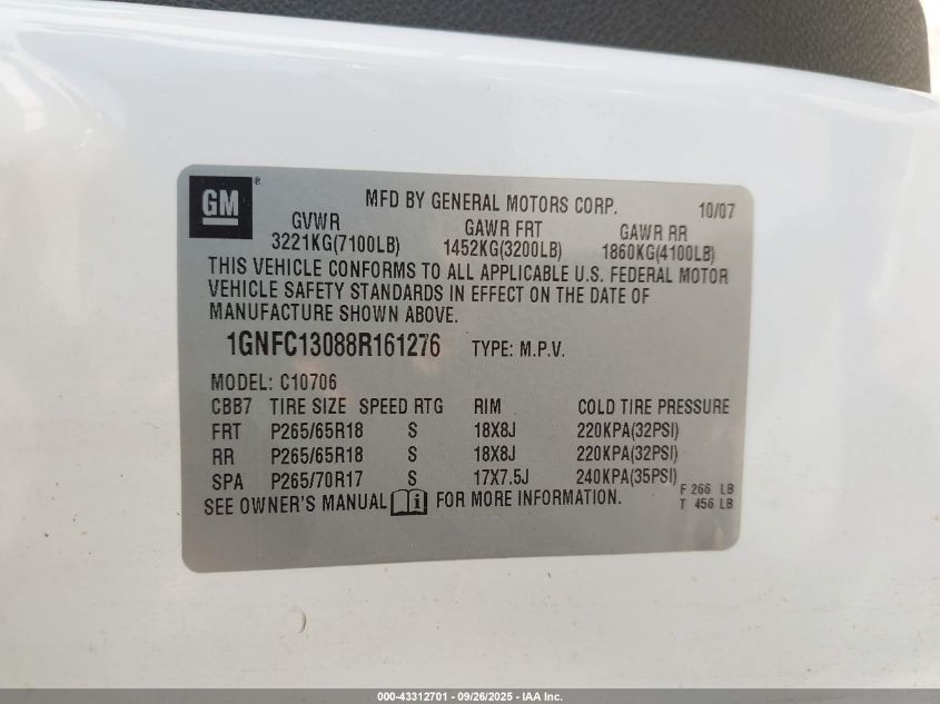 2008 Chevrolet Tahoe Lt VIN: 1GNFC13088R161276 Lot: 43312701