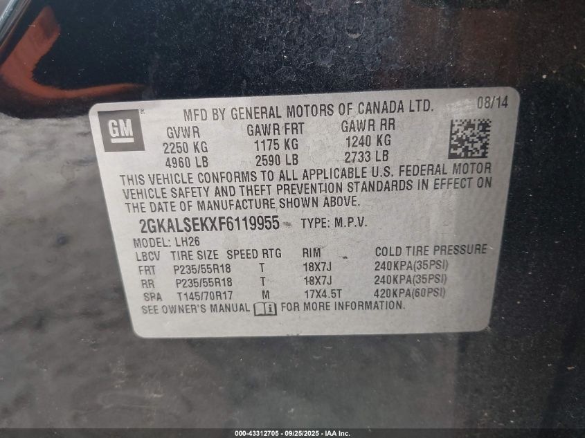 2015 GMC Terrain Slt-1 VIN: 2GKALSEKXF6119955 Lot: 43312705