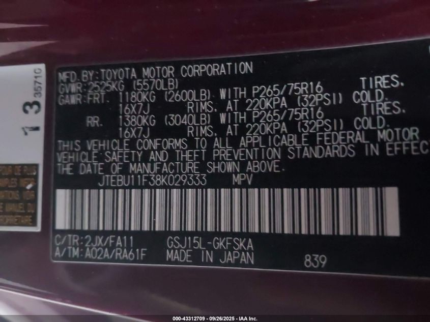 2008 Toyota Fj Cruiser VIN: JTEBU11F38K029333 Lot: 43312709