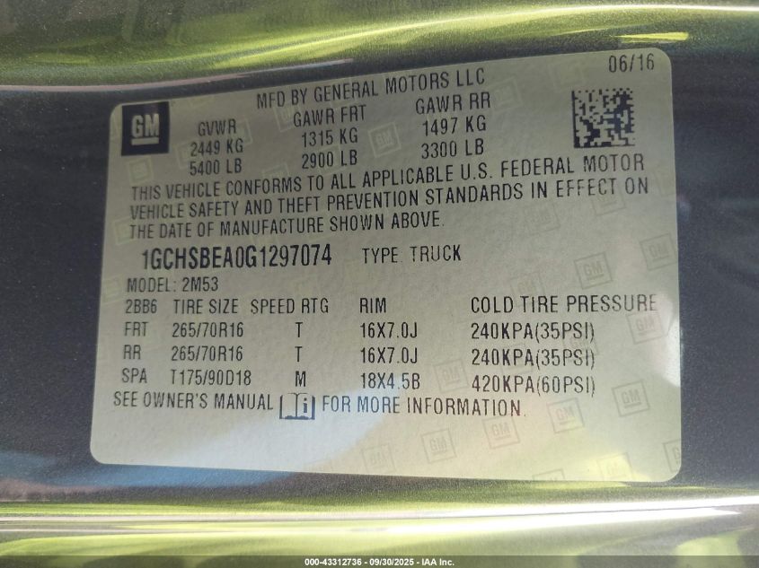 2016 Chevrolet Colorado Wt VIN: 1GCHSBEA0G1297074 Lot: 43312736