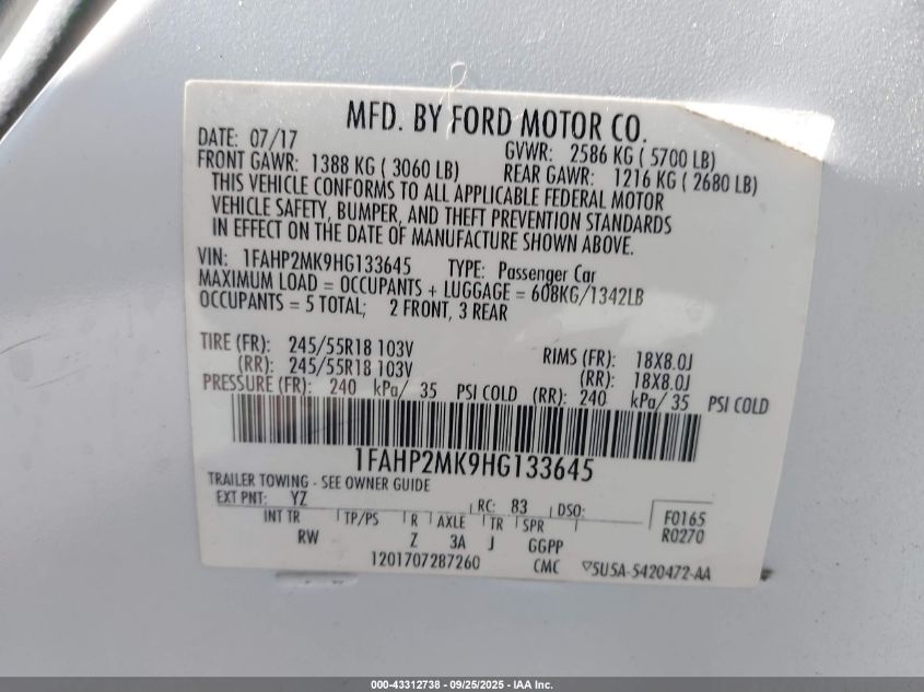 2017 Ford Police Interceptor VIN: 1FAHP2MK9HG133645 Lot: 43312738