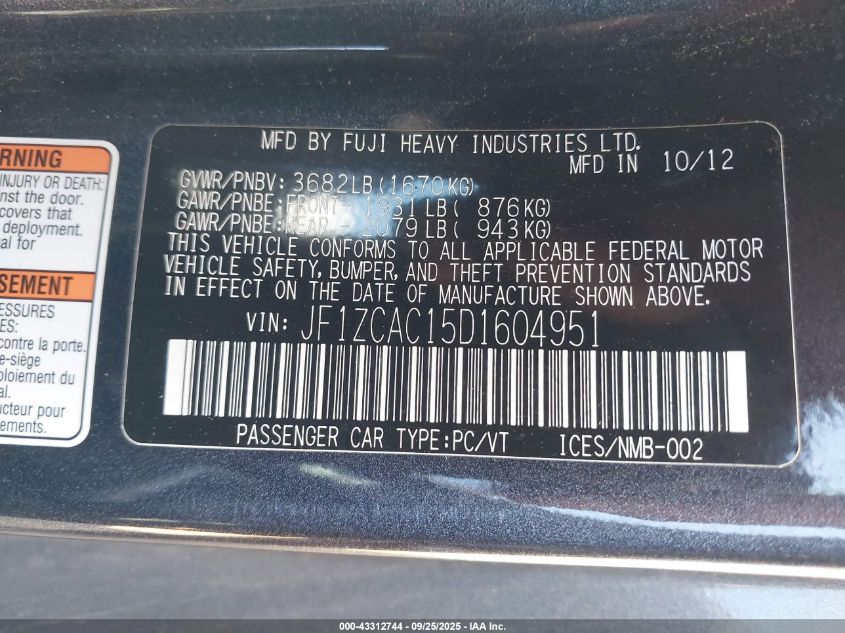 2013 Subaru Brz Limited VIN: JF1ZCAC15D1604951 Lot: 43312744