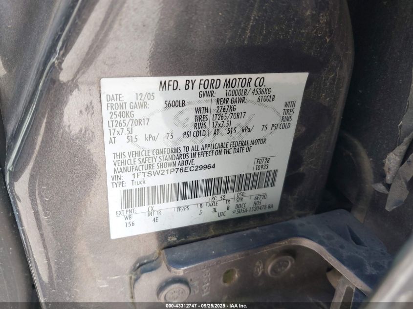 2006 Ford F-250 Lariat/Xl/Xlt VIN: 1FTSW21P76EC29964 Lot: 43312747