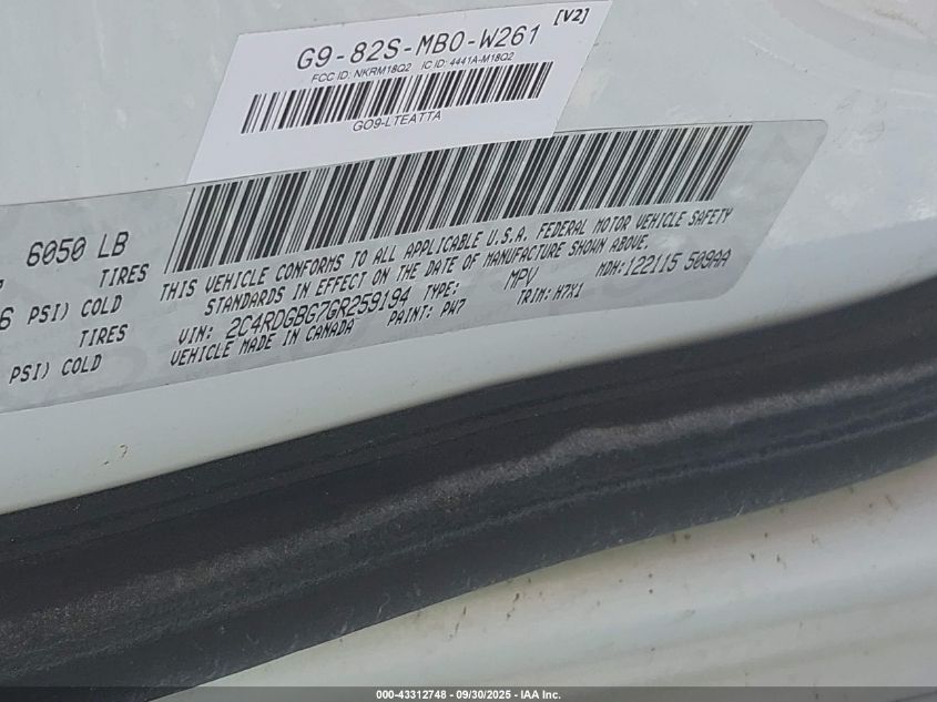 2016 Dodge Grand Caravan Se VIN: 2C4RDGBG7GR259194 Lot: 43312748