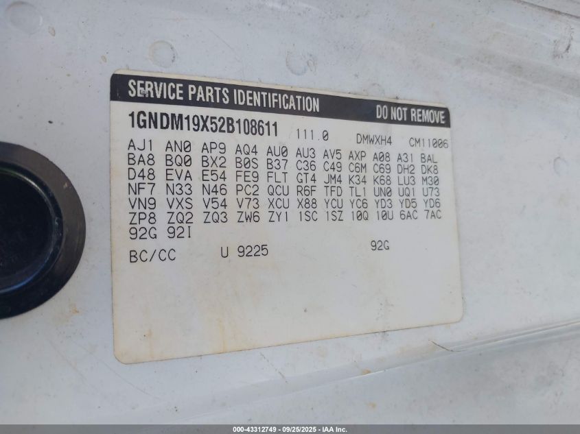 2002 Chevrolet Astro Ls VIN: 1GNDM19X52B108611 Lot: 43312749