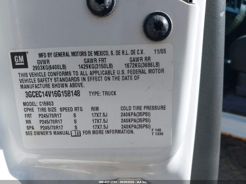 2006 Chevrolet Silverado 1500 Work Truck VIN: 3GCEC14V16G158148 Lot: 43312751