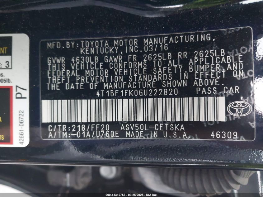 2016 Toyota Camry Se VIN: 4T1BF1FK0GU222820 Lot: 43312753