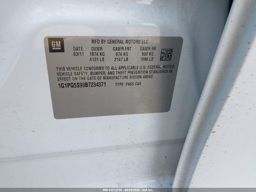 2011 Chevrolet Cruze 2Lt VIN: 1G1PG5S90B7234371 Lot: 43312756
