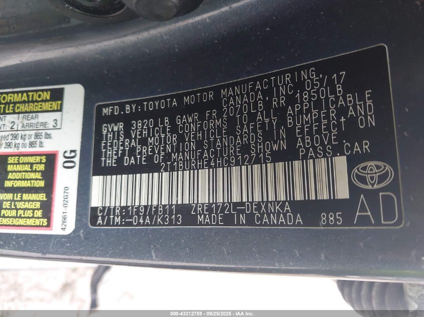 2017 Toyota Corolla Le VIN: 2T1BURHE4HC912715 Lot: 43312759