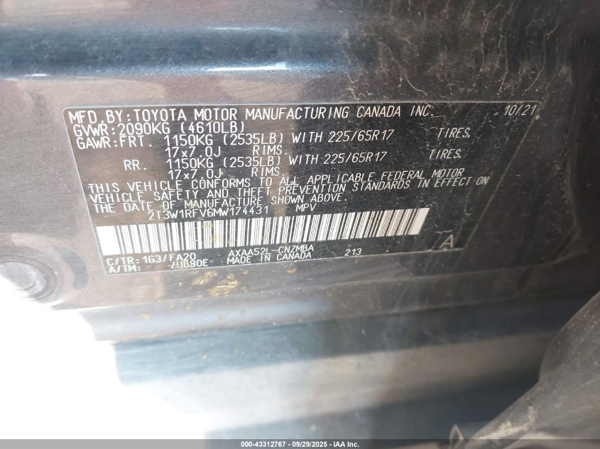 2021 Toyota Rav4 Xle VIN: 2T3W1RFV6MW174431 Lot: 43312767