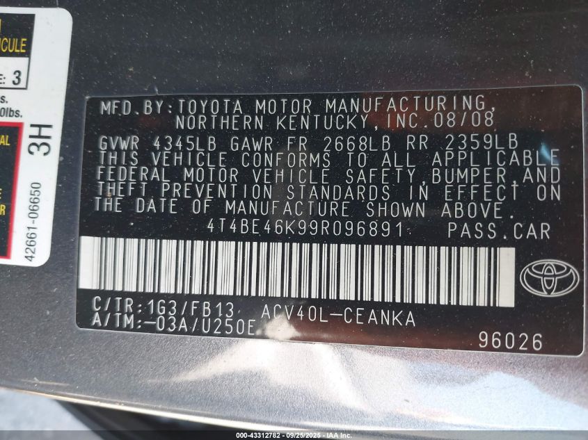 2009 Toyota Camry Le VIN: 4T4BE46K99R096891 Lot: 43312782