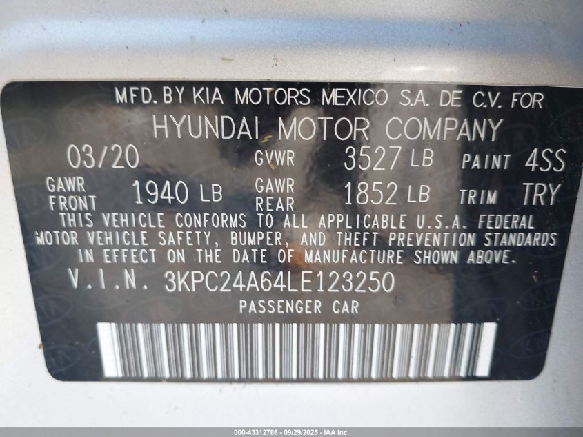 2020 Hyundai Accent Se VIN: 3KPC24A64LE123250 Lot: 43312786