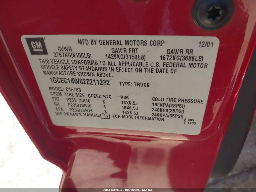 2002 Chevrolet Silverado 1500 VIN: 1GCEC14W02Z211232 Lot: 43312805