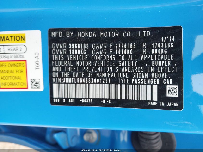 2025 Honda Civic Type R VIN: JHMFL5G48SX001297 Lot: 43312810