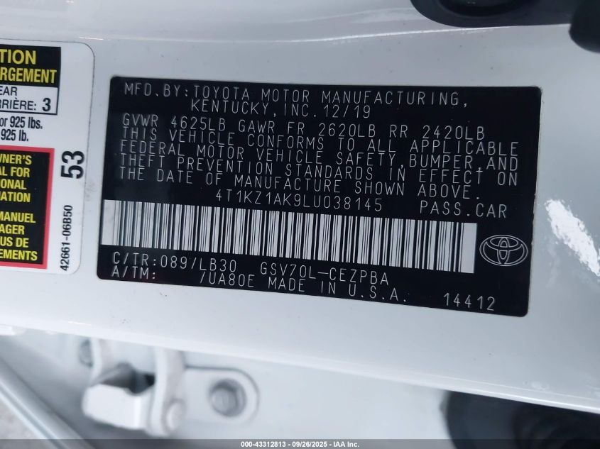 2020 Toyota Camry Xse V6 VIN: 4T1KZ1AK9LU038145 Lot: 43312813