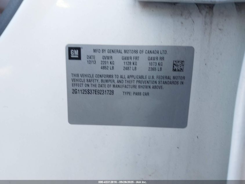 2014 Chevrolet Impala 2Lt VIN: 2G1125S37E9231728 Lot: 43312816
