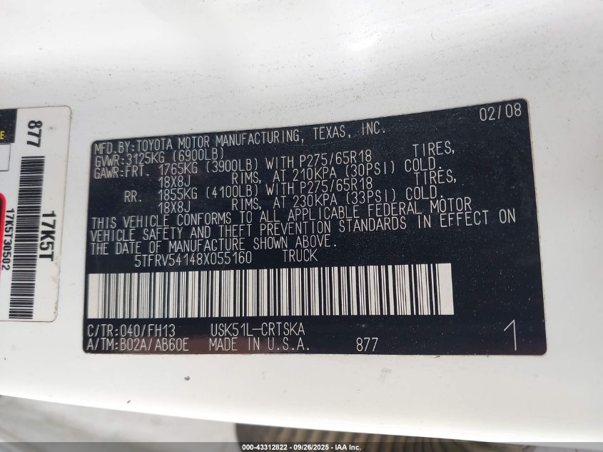 2008 Toyota Tundra Sr5 5.7L V8 VIN: 5TFRV54148X055160 Lot: 43312822