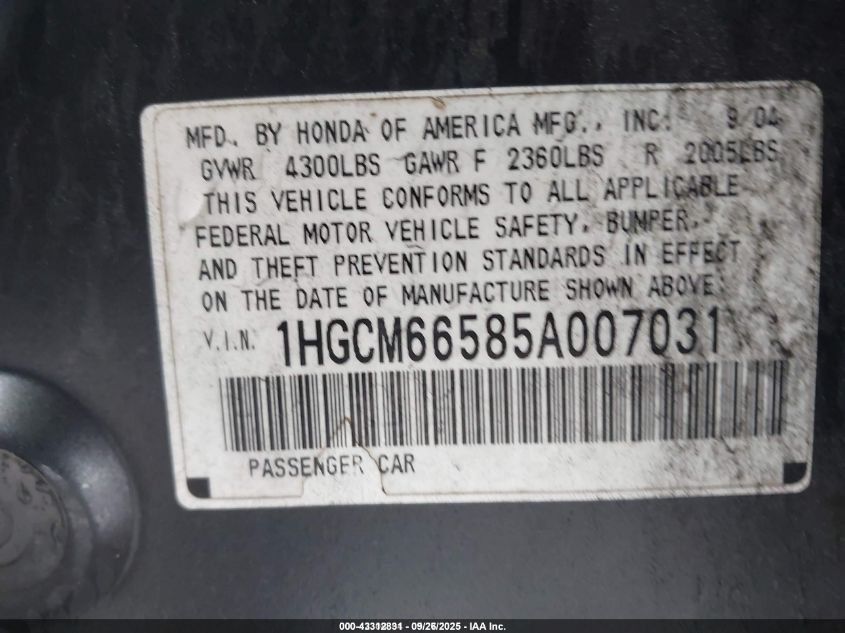2005 Honda Accord 3.0 Ex VIN: 1HGCM66585A007031 Lot: 43312831