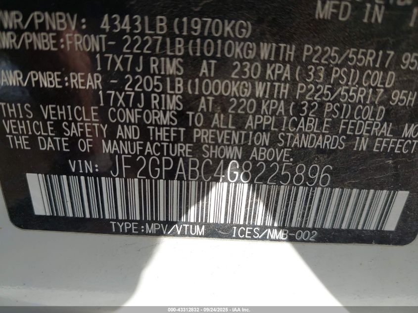 2016 Subaru Crosstrek 2.0I Premium VIN: JF2GPABC4G8225896 Lot: 43312832