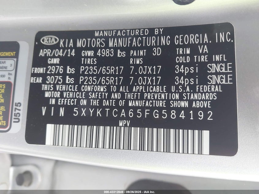 2015 KIA SORENTO LX - 5XYKTCA65FG584192