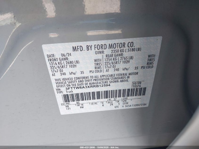 2024 Ford Maverick Xl VIN: 3FTTW8A3XRRB12594 Lot: 43312856