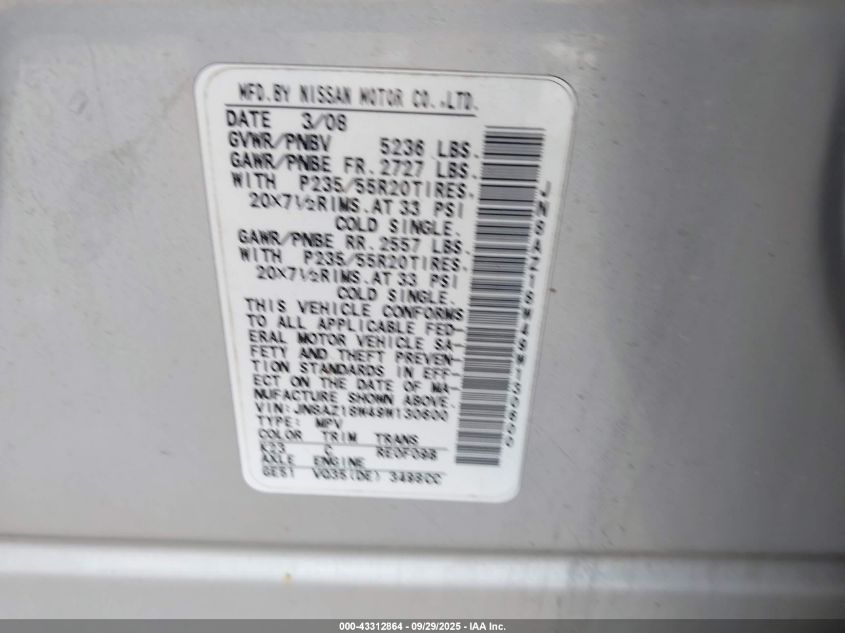 2009 Nissan Murano S/Sl/Le VIN: JN8AZ18W49W130600 Lot: 43312864