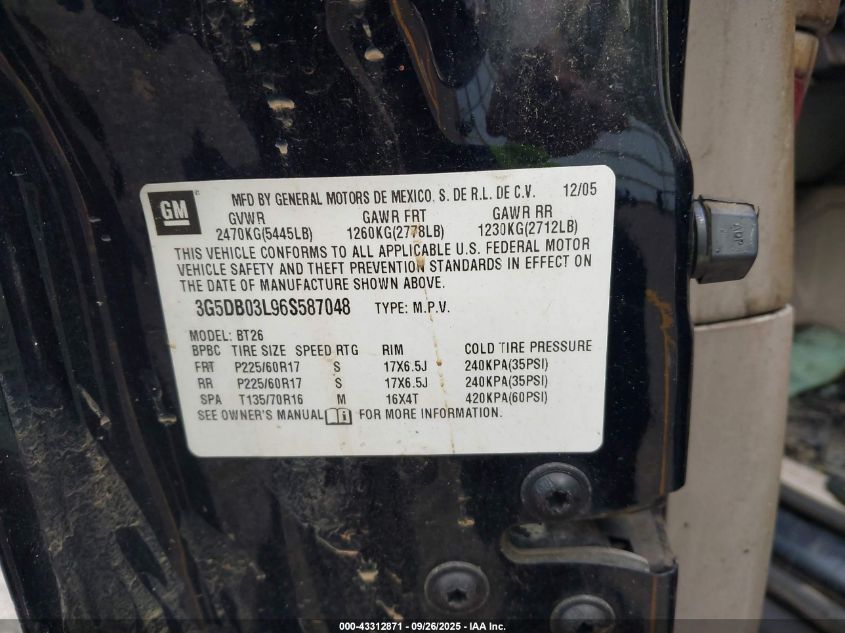 2006 Buick Rendezvous Cx VIN: 3G5DB03L96S587048 Lot: 43312871