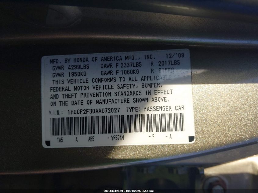2010 Honda Accord 2.4 Lx VIN: 1HGCP2F30AA072027 Lot: 43312879