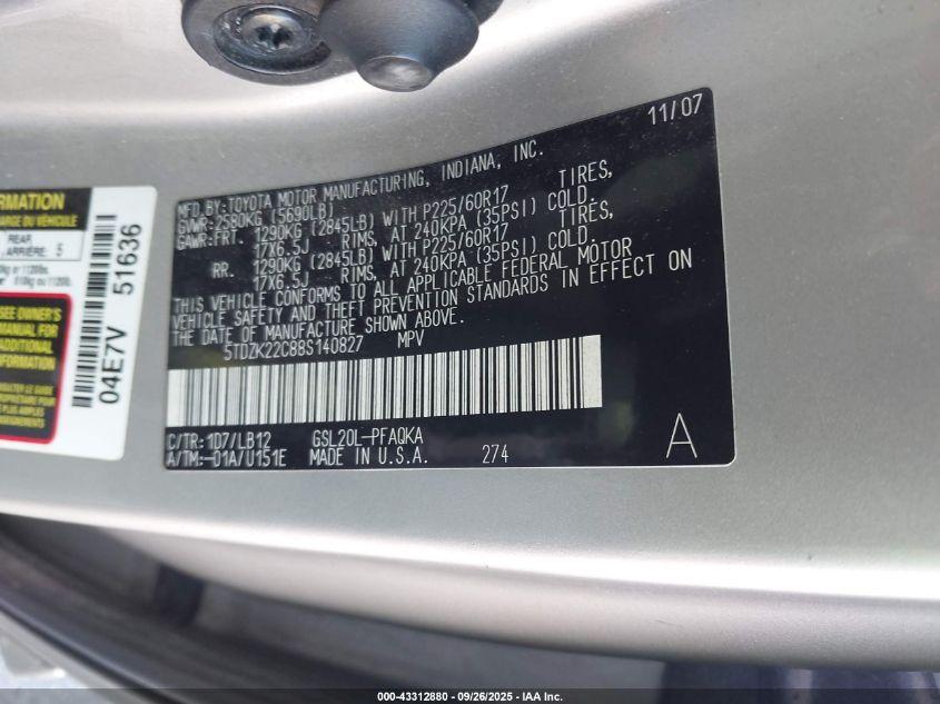 2008 Toyota Sienna Xle VIN: 5TDZK22C88S140827 Lot: 43312880