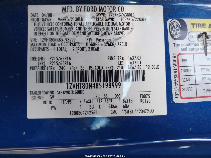 2008 Ford Mustang V6 Deluxe/V6 Premium VIN: 1ZVHT80N485198999 Lot: 43312900