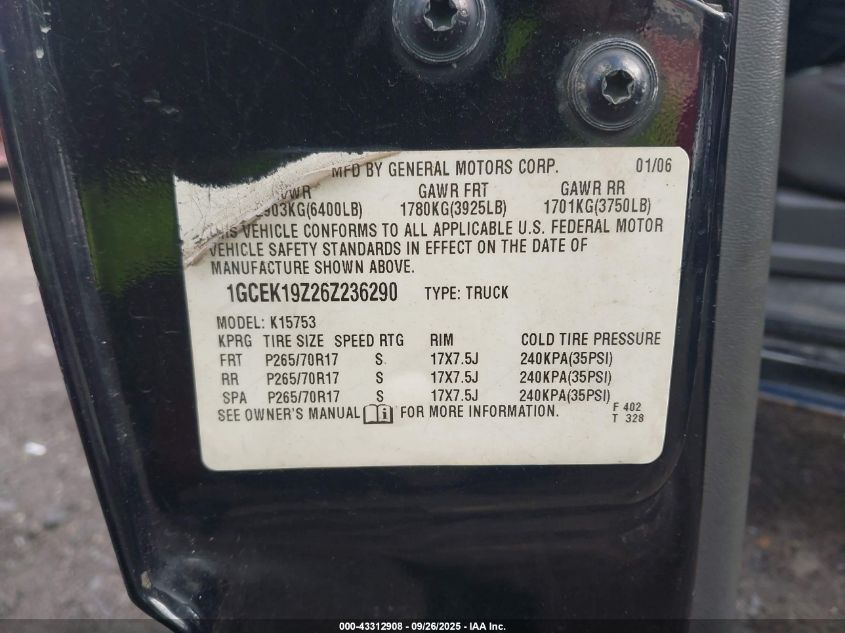 2006 Chevrolet Silverado 1500 Lt1 VIN: 1GCEK19Z26Z236290 Lot: 43312908
