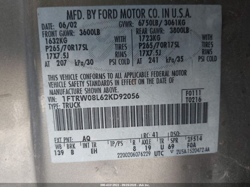 2002 Ford F-150 Lariat/Xlt VIN: 1FTRW08L62KD92056 Lot: 43312922