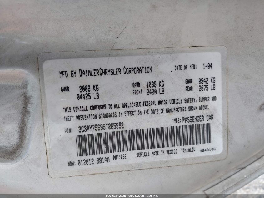 2005 Chrysler Pt Cruiser Gt VIN: 3C3AY75S95T265952 Lot: 43312926