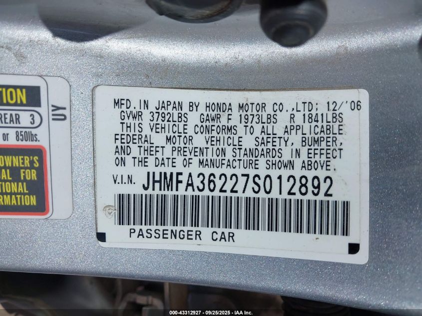 2007 Honda Civic Hybrid VIN: JHMFA36227S012892 Lot: 43312927