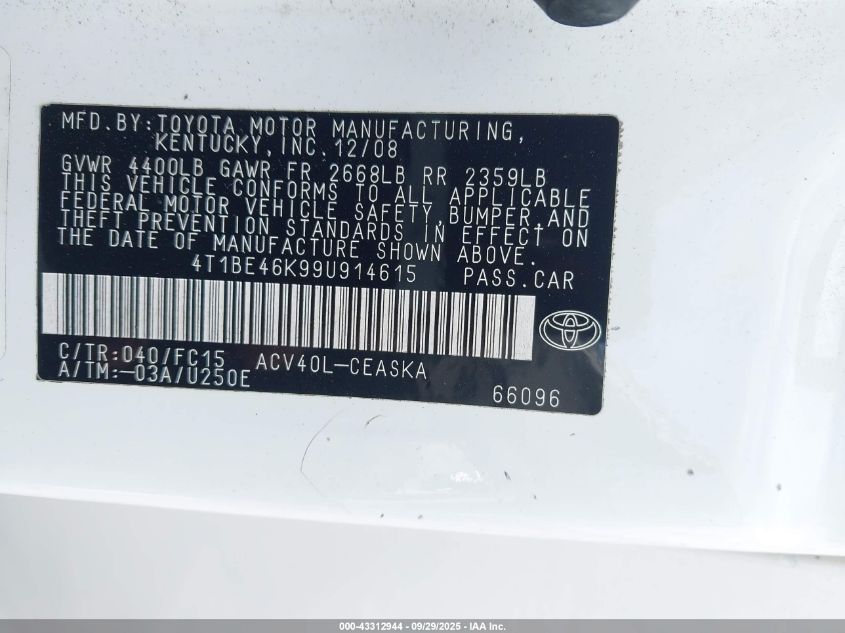 2009 Toyota Camry Se VIN: 4T1BE46K99U914615 Lot: 43312944