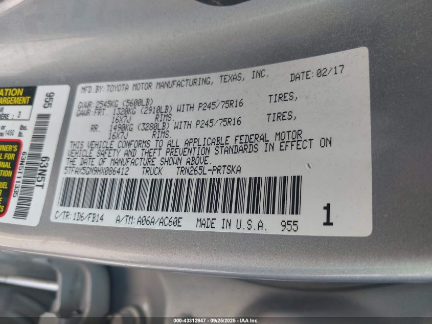 2017 Toyota Tacoma Sr VIN: 5TFAX5GN9HX086412 Lot: 43312947