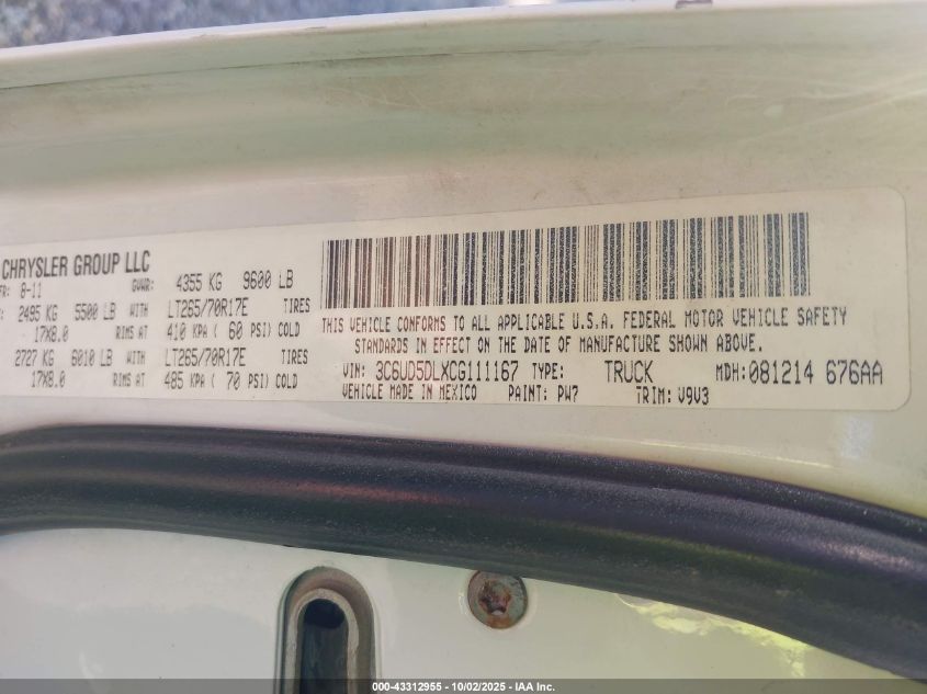 2012 Ram 2500 Slt VIN: 3C6UD5DLXCG111167 Lot: 43312955